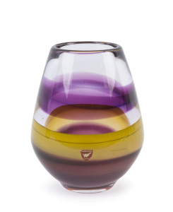 ORREFORS Swedish art glass vase, clear glass with bands of purple and yellow, engraved "Orrefors or. 4132.230", ​15cm high