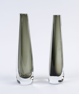 ORREFORS pair of grey Sommerso Swedish glass vases by NILS LANDBERG, circa 1950's engraved "Orrefors" serial numbers illegible, 23cm high