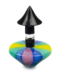 A Murano glass decanter, coloured striped base with black mushroom shaped stopper, 36cm high