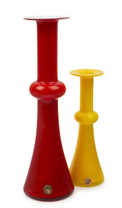 KASTRUP HOLMEGAARD: Two "Carnaby" Danish cased glass vases in red and yellow, designed by CHRISTER HOLGREN, circa 1960's, (2 items), with original circular labels, 30cm and 20cm high