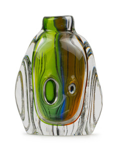 KOSTA Swedish art glass vase of organic form in clear, blue, green and brown, by Göran Wärff, engraved "Kosta Voik(?) G. Wärff, 43", 22cm high