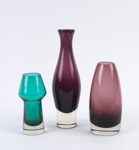 RIIHIMAEN LASI: Three Finnish coloured glass vases, circa 1950's-60's, tall example engraved " Riihimäen Lasi Oy, Aimo Okkolin", the others with circular acid etched marks and labels, the largest 23cm high