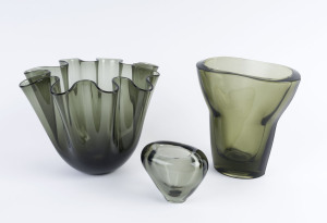 Three Scandinavian vintage grey glass vases, circa 1950's-60's, two marked "Holmegaard", ​the largest 17.5cm high