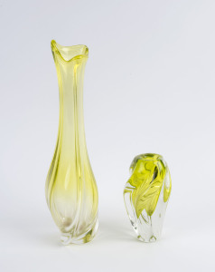 Two vintage Japanese yellow art glass vases, circa 1960, 38cm and 17cm high