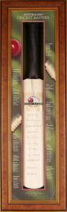 AUSTRALIAN CRICKET MASTERS, full size cricket bat, with signatures of Neil Harvey, Alan Davidson, Richie Benaud, Graham McKenzie, Bill Brown, Peter Burge, Colin McDonald, Sam Loxton, Bill Johnston, Norm O'Neill & Bill Lawry, mounted in attractive display 