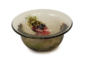 Continental heavy art glass fruit bowl, unusual speckled design cased in tinted clear glass with crackle finish interior, pontil mark not ground, base displaying lots of wear, possibly Italian or Bohemian, late 19th early 20th century, 13cm high, 26cm diameter