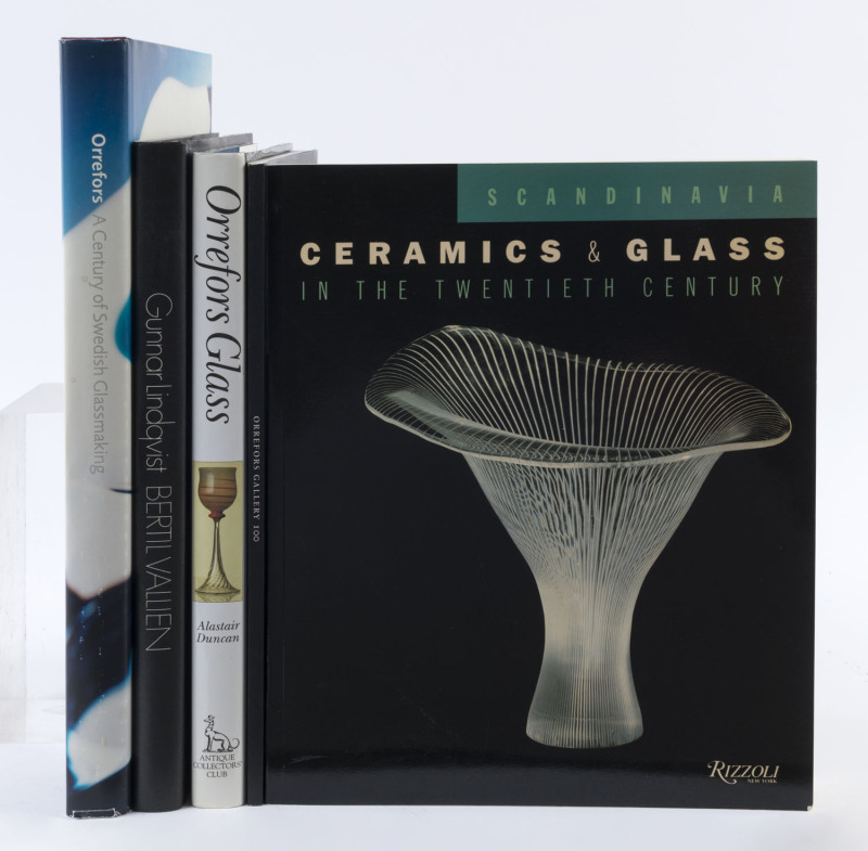 SCANDINAVIAN GLASS: "Orrefors Glass" by Alistair Duncan, "Orrefors, A Century Of Swedish Glassmaking" by Kerstin Wickman, "Bertil Vallian" by Gunnar Lindqvist, "Scandinavia Ceramics & Glass In The 20th Century" and "1998 Orrefors Gallery 100" (5 vol.)