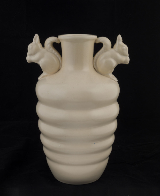 STANGL POTTERY "Squirrel" vase in cream glaze, circa 1938, stamped and impressed "STANGL POTTERY, Made In Trenton U.S.A.", 30.5cm high