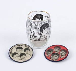 BEATLES vintage drinking glass, circa 1960's, together with two Beatles holographic brooches by VARI-VUE of New York, (3 items), ​the glass 9cm high