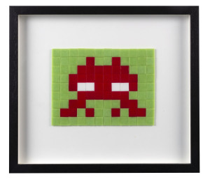 SPACE INVADER (France, born 1969), Invasion Kit No.10 "Invasion Paris", tile mosaic, Space Invader: Red / Eyes : White Background : Green, limited edition numbered 132/150, original documentation verso, 18 x 24cm, frame 38 x 43cm overall