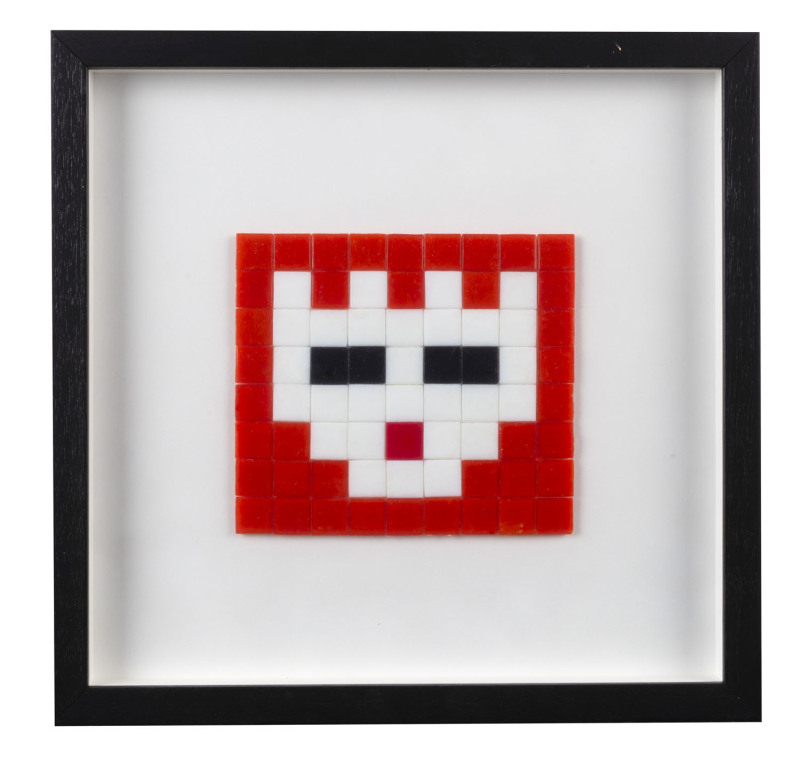 SPACE INVADER (France, born 1969), Invasion Kit No.08 "Third Eye", tile mosaic, Space Invader: White / Eyes : Black / Third Eye : Red, Background : Orange, limited edition numbered 131/150, original documentation verso, 15.5 x 18cm, frame 36 x 37cm overal