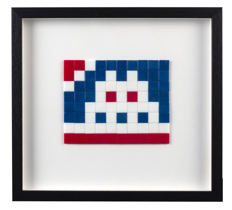 SPACE INVADER (France, born 1969), Invasion Kit No.07 "Union Space", tile mosaic, Space Invader: White / Eyes : Red, Background : White - Red - Blue, limited edition numbered 143/150, original documentation verso, 16 x 20cm, frame 36 x 39cm overall