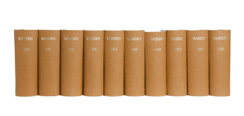 "Wisden Cricketers' Almanack" for 1950-59. 1958 with no wrappers, others with wrappers laid down on covers. Fair/G.