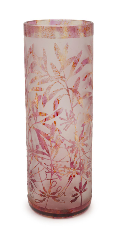 AMANDA LOUDEN Australian cylindrical cameo glass vase with wildflower motif, ​27cm high