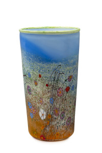 CHRIS PANTANO "Desert Wildflowers" tall art glass vase on blue ground, 2007, engraved "Pantano, '07, 33-07", 28cm high