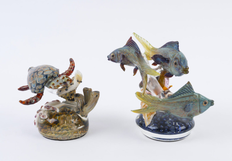 Two Australian art glass sculptures with sea turtle, fish and sea creatures, circa 2006, engraved "R.M. 2006", 12.5cm and 10cm high