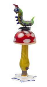 CHRISTIAN ARNOLD "Alice In Wonderland Caterpillar On Mushroom" art glass perfume bottle, circa 2004, Kirra Galleries "Glass On Flames" exhibition, 2004, item number 7, 24cm high
