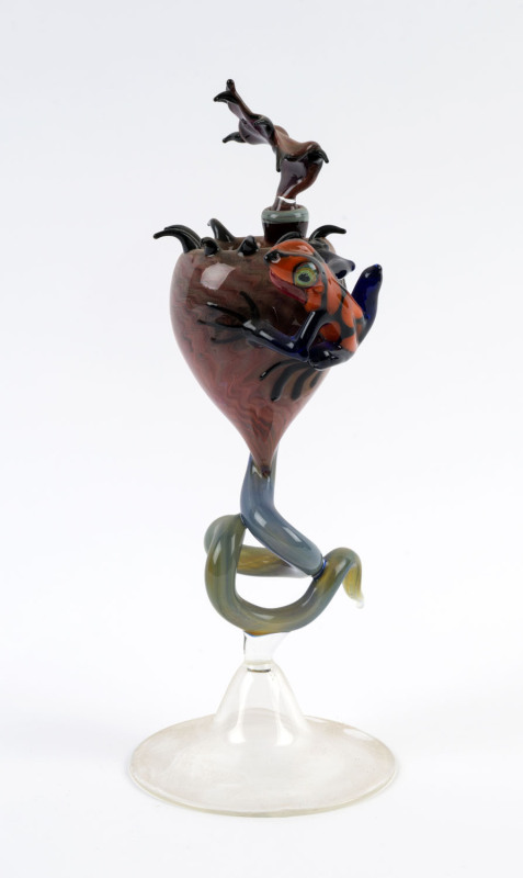 CHRISTIAN ARNOLD "Orange and Blue Poison Arrow Frog" art glass perfume bottle, circa 2004, Kirra Galleries "Glass On Flames" exhibition, 2004, item number 12, 25cm high