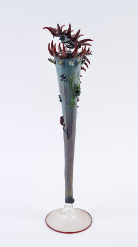 CHRISTIAN ARNOLD "Blue and Red Poison Arrow Frog" art glass perfume bottle, circa 2004, Kirra Galleries "Glass On Flames" exhibition, 2004, item number 9, 35cm high