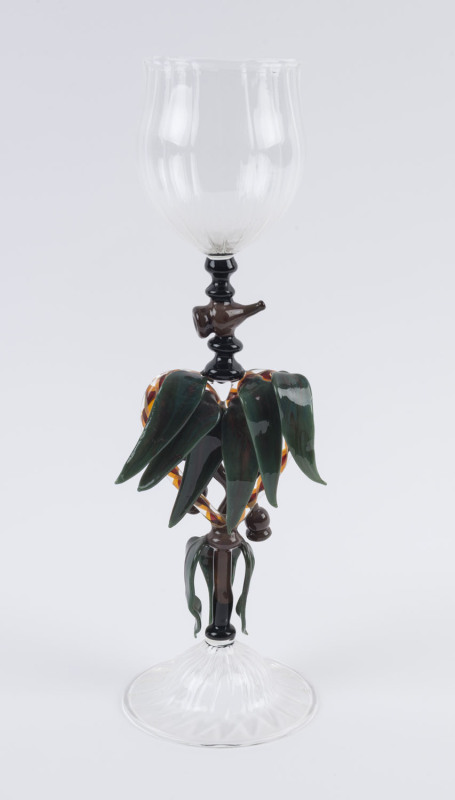 CHRISTIAN ARNOLD tall goblet with gumleaf decoration in green and clear, circa 2008, Kirra Galleries "Glass On Flame" exhibition, 36cm high