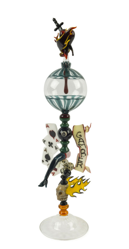 CHRISTIAN ARNOLD "Game Over" tall perfume bottle, Kirra Galleries "Glass On Flame" exhibition, 45cm high