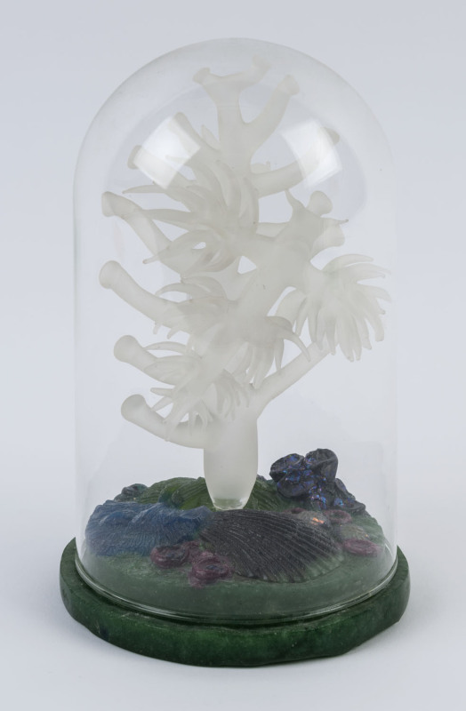 CHRISTIAN ARNOLD and LAURIE YOUNG hot glass coral sculpture on pate de verre glass base under glass dome, circa 2007, 22cm high