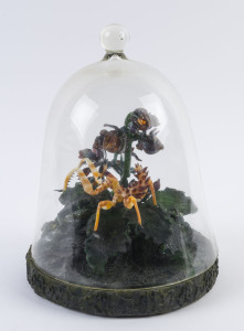 CHRISTIAN ARNOLD and LAURIE YOUNG hot glass scorpion and orchid sculpture on pate de verre glass base under glass bell dome, circa 2007, 31cm high