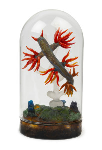 CHRISTIAN ARNOLD and LAURIE YOUNG "Glaucilla Fuego" hot glass sculpture on pate de verre glass base under glass dome, engraved "Chris Arnold, Laurie Young, Glaucilla Fuego, 2007", 23cm high