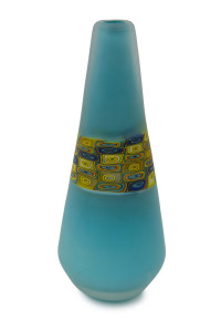 Australian blue conical art glass vase with band of Murrine decoration, 27.5cm high