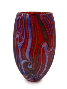 Australian art glass vase, red with purple and brown swirls with wheel cut battuto finish, impressed "R" stamp, 31cm high
