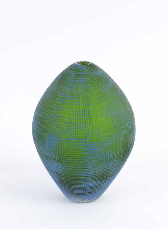 VENINI green Murano glass vase with cross hatched wheel cut design finished in blue, circa 1998, engraved "Venini, '98", ​14cm high