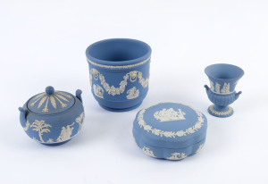 WEDGWOOD Jasper English porcelain miniature urn, vase, lidded bowl and box, 20th century, (4 items), stamped "Wedgwood, Made In England", ​the largest 11cm high