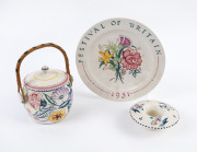 POOLE POTTERY biscuit barrel, 1951 year plate and floral vase, mid 20th century, (3 items), stamped "Poole, England" with dolphin mark, 26cm diameter