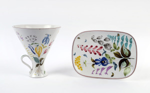 Swedish hand-painted floral pottery vase and platter, circa 1976, (2 items), the vase 20cm high