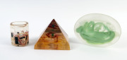 Acrylic pyramid sculpture, vase and oval plate, late 20th century, (3 items), the plate stamped "Dinosaur Designs", the pyramid 12cm high