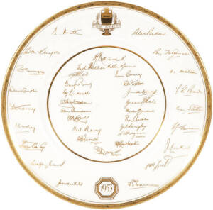 1953 ROYAL WORCESTER PLATE: "The Ashes. 1953", with facsimile signatures of both the Australian and England teams in gold. Together with 1980 Centenary Test tie & cricket books (2).