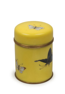 ANDO JUBEI Japanese cloisonne butterfly jar on yellow ground with gold wire and finish, Meiji period, early 20th century, Ando mark to base, 10.5cm high, 8cm diameter