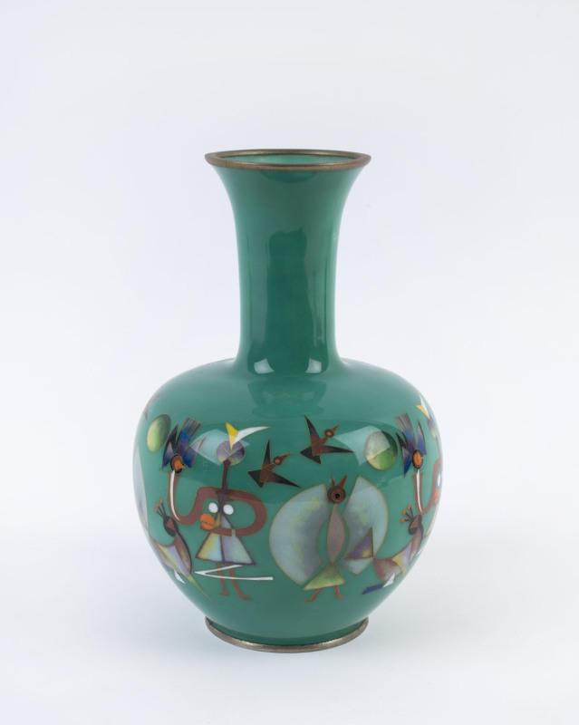 Japanese cloisonne vase decorated with geometric animals and figures on green ground, Showa period, 20th century, ​24cm high