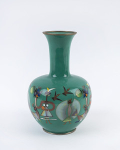 Japanese cloisonne vase decorated with geometric animals and figures on green ground, Showa period, 20th century, 24cm high