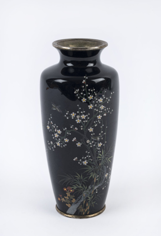 Japanese cloisonne vase decorated with floral scene on blue black ground, Meiji period, early 20th century, ​18cm high