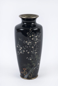 Japanese cloisonne vase decorated with floral scene on blue black ground, Meiji period, early 20th century, 18cm high