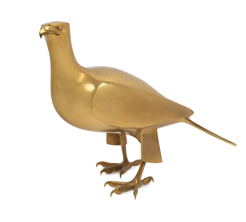 Japanese bird statue, gilt bronze, Showa period, 20th century, three character mark to tail, 26cm high, 39cm long