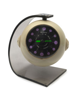 SANYO double sided vintage spherical plastic clock on hanging stand, circa 1970, 18cm high