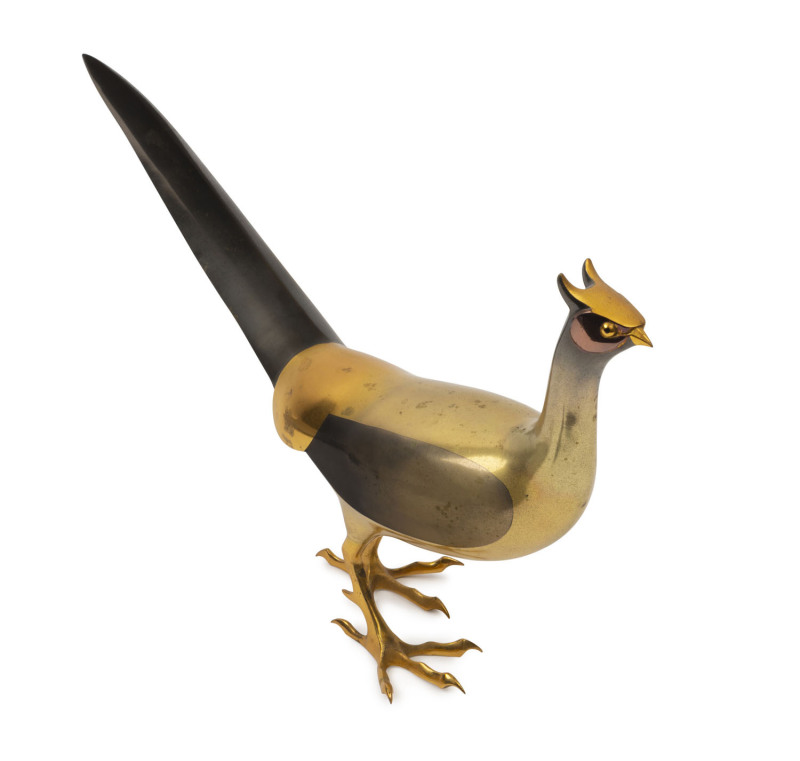 Japanese pheasant statue, silver and gilt bronze, by HAKU ROU, Showa period, 20th century, three character mark to base, 19cm high, 40cm long
