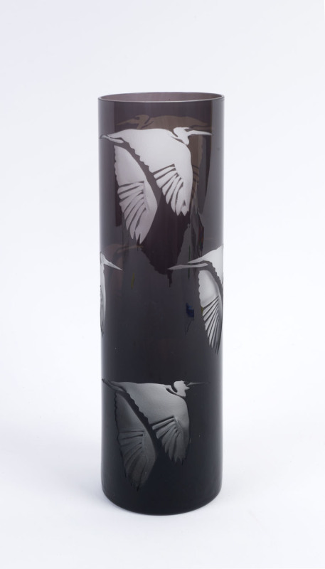 RICHARD MORRELL Australian cameo glass cylindrical vase with bird decoration, engraved "MORRELL, Tony Harring, '87", ​27.5cm high