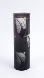 RICHARD MORRELL Australian cameo glass cylindrical vase with bird decoration, engraved "MORRELL, Tony Harring, '87", 27.5cm high