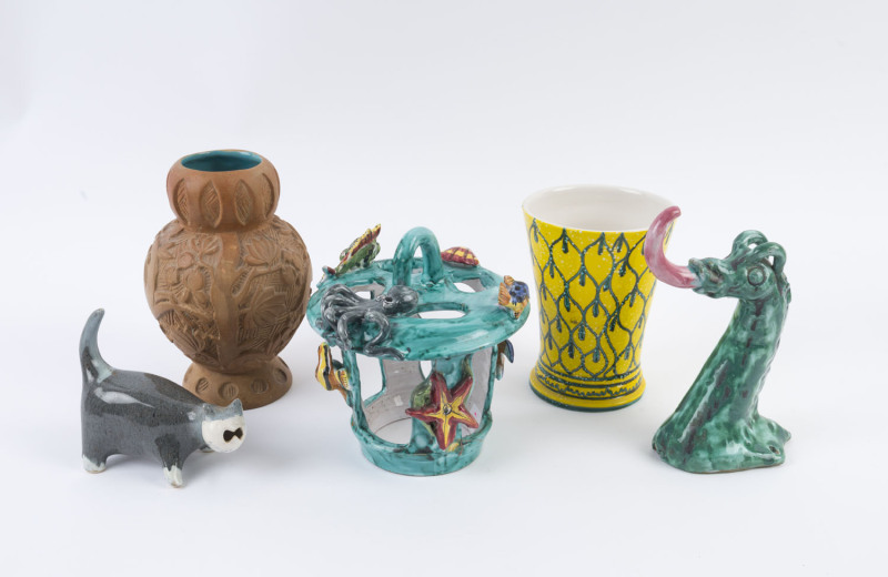 Pottery animal ornaments, Mancioli Italian ceramic vase and a pottery vase, 20th century, (5 items), the largest 19cm high