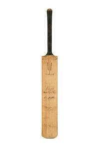 c1954 ENGLAND TEAM, full size "Gunn & Moore" Cricket bat, with 12 signatures on face including Len Hutton, Peter May, Johnny Wardle, Brian Statham & Bill Bowes. Some signatures faded, otherwise Good condition.