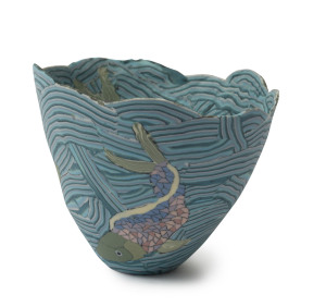 SALLY LEE "Delicate Matters" inlaid clay pottery fish bowl, 10cm high, 15cm wide