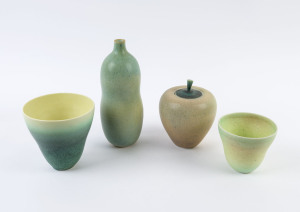 CHRISTOPHER SANDERS green glazed ceramic jar and three vases, purchased from Skepsi Gallery "A Delicate Balance" exhibition, Melbourne, stamped "C.S.", ​the largest 24.5cm high